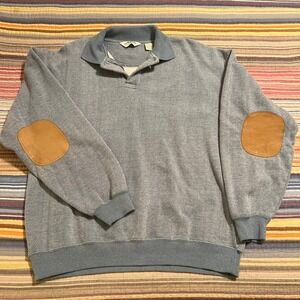 ORVIS Mens Blue Heathered Knit Polo Shirt with Leather Elbow Patches Size L